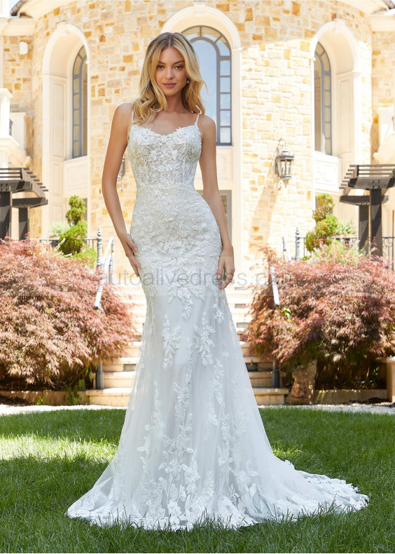 Beaded Ivory Lace Tulle Sheer Back Shimmering Sexy Wedding Dress